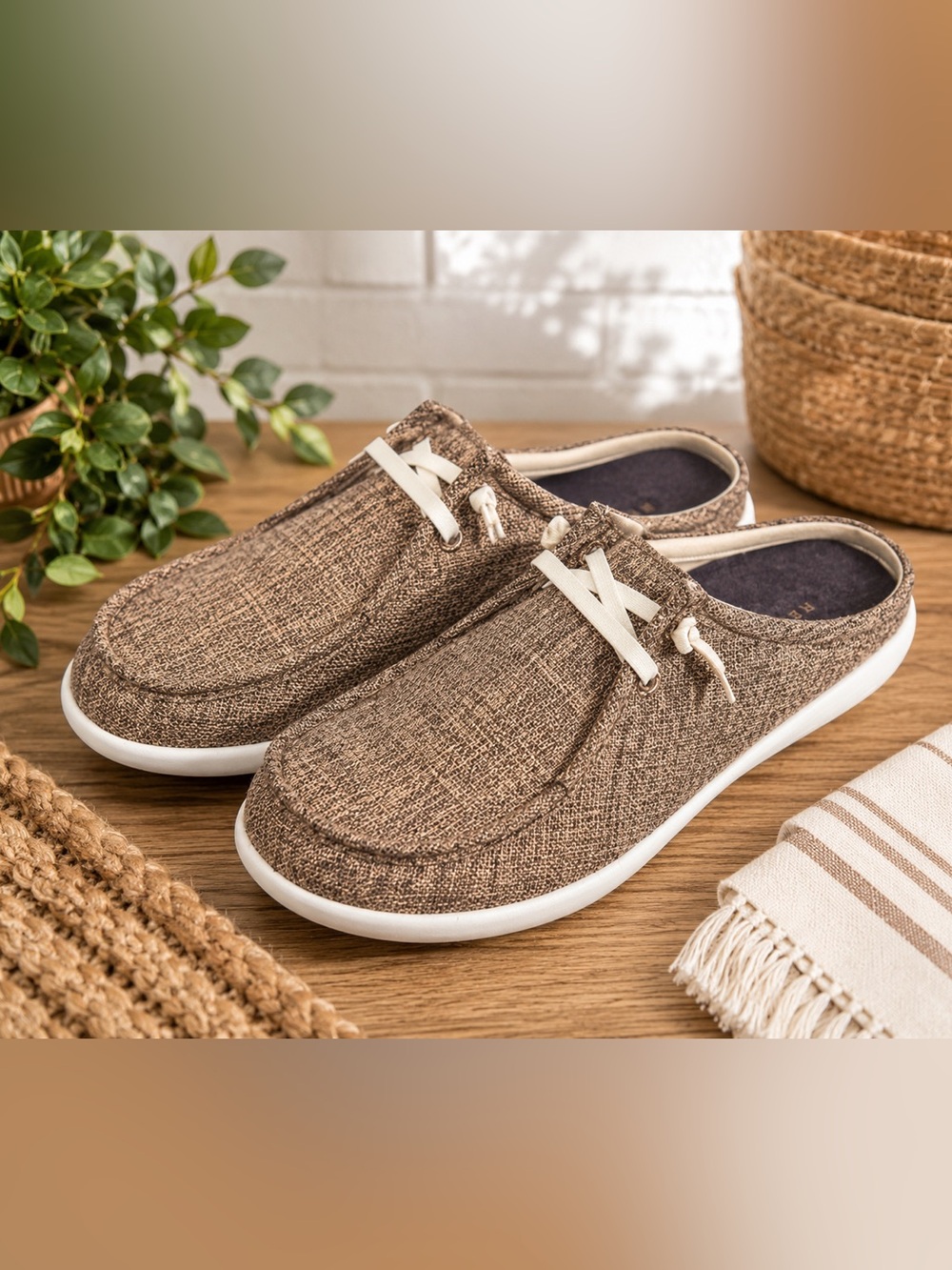 Revitalign Brown Canvas Lace-Up Mule Sneakers Size 9D Wide NWOT